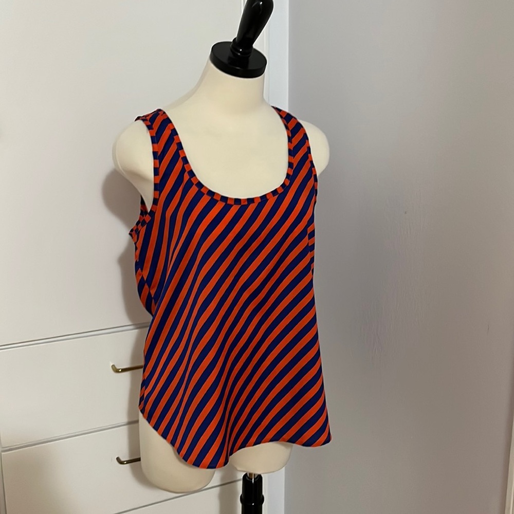 Foreign Exchange Blue and Orange Diagonal Stripe Blouse with Back Zipper Sz Med